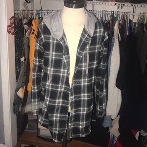 Flannel shirt with hood.